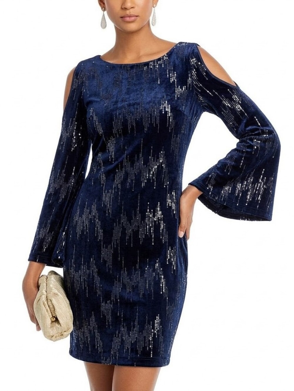Eliza J Navy Sequin Cold Shoulder Shimmering Velvet Cocktail Party Holiday Dress